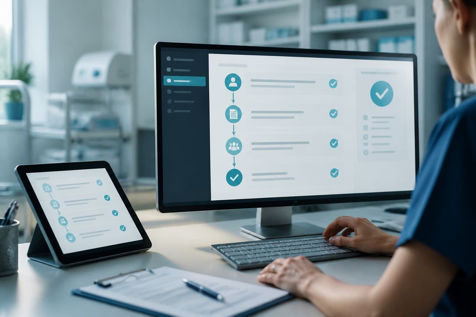 Clinic workroom with AI-assisted workflow screens and human approval cues.