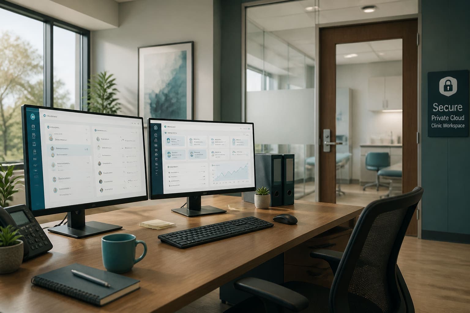 Secure clinic workspace with collaboration screens in a private office setting.